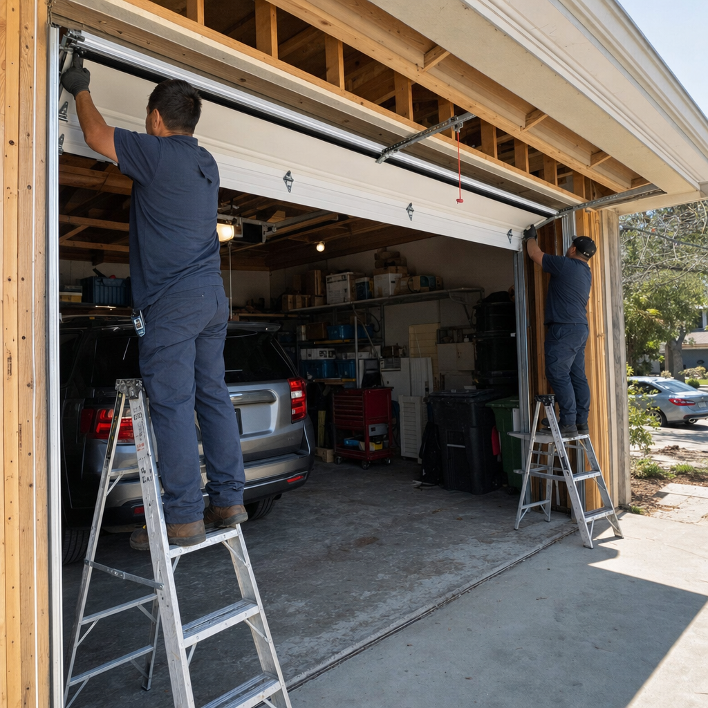 Two professional technicians installing a residential garage door