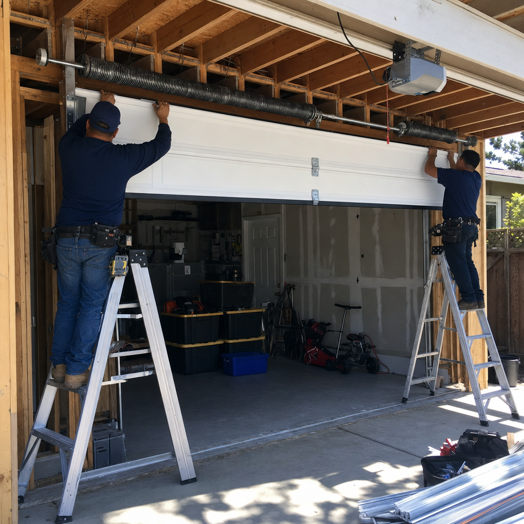 Two professional technicians installing a new residential garage door