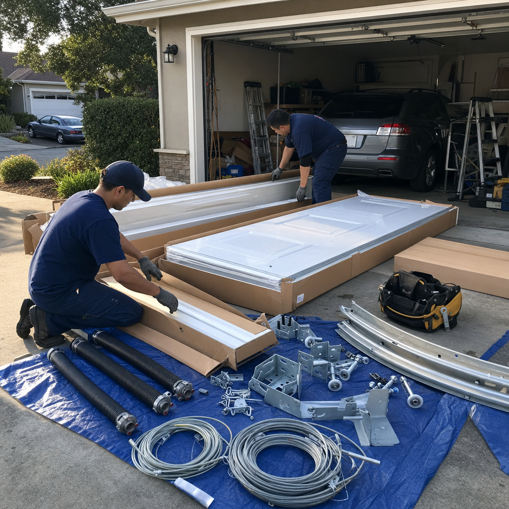 Two professional technicians performing a garage door installation service.