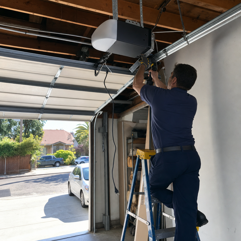 Technician using a power tool to install a garage door opener