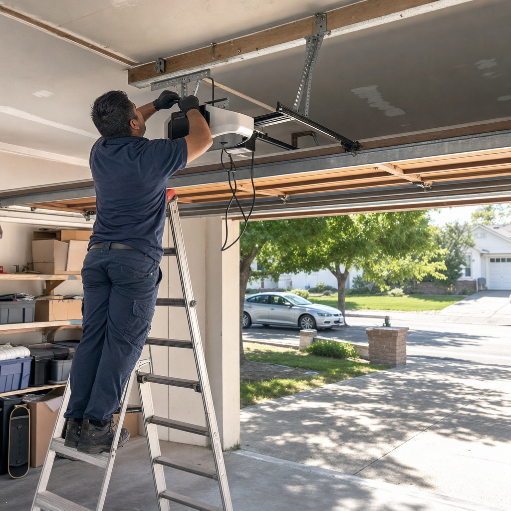 Technician repairing a garage door opener system on a ladder