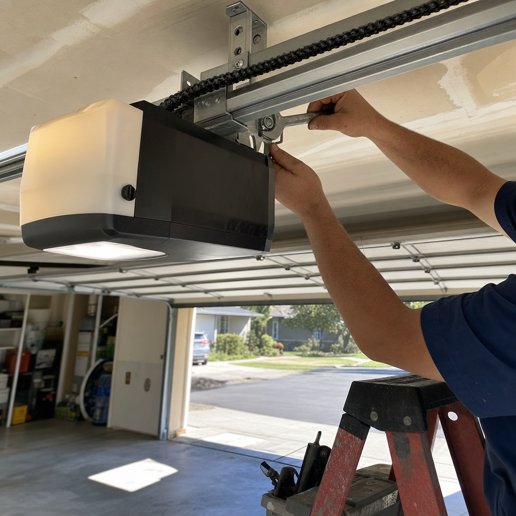 Technician using a wrench to repair a garage door opener motor