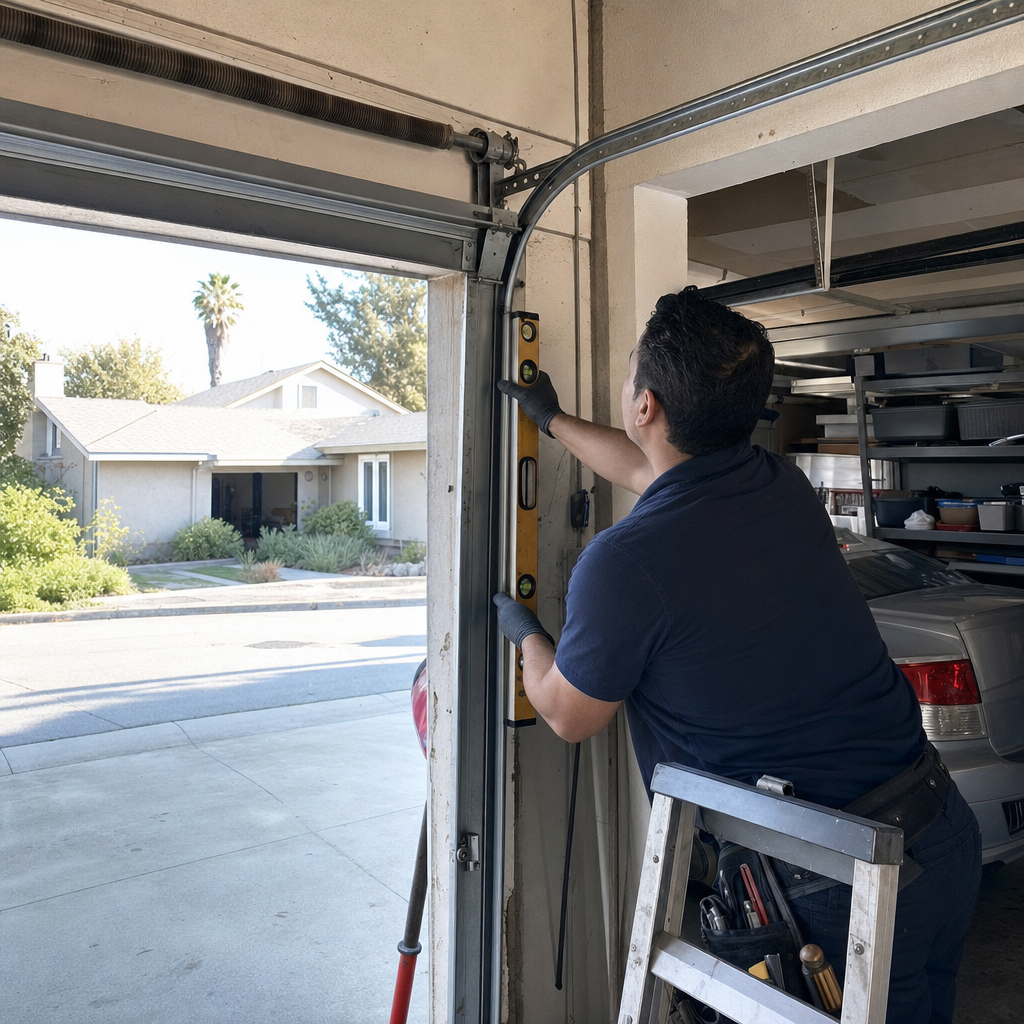 Technician using a level to repair a garage door track