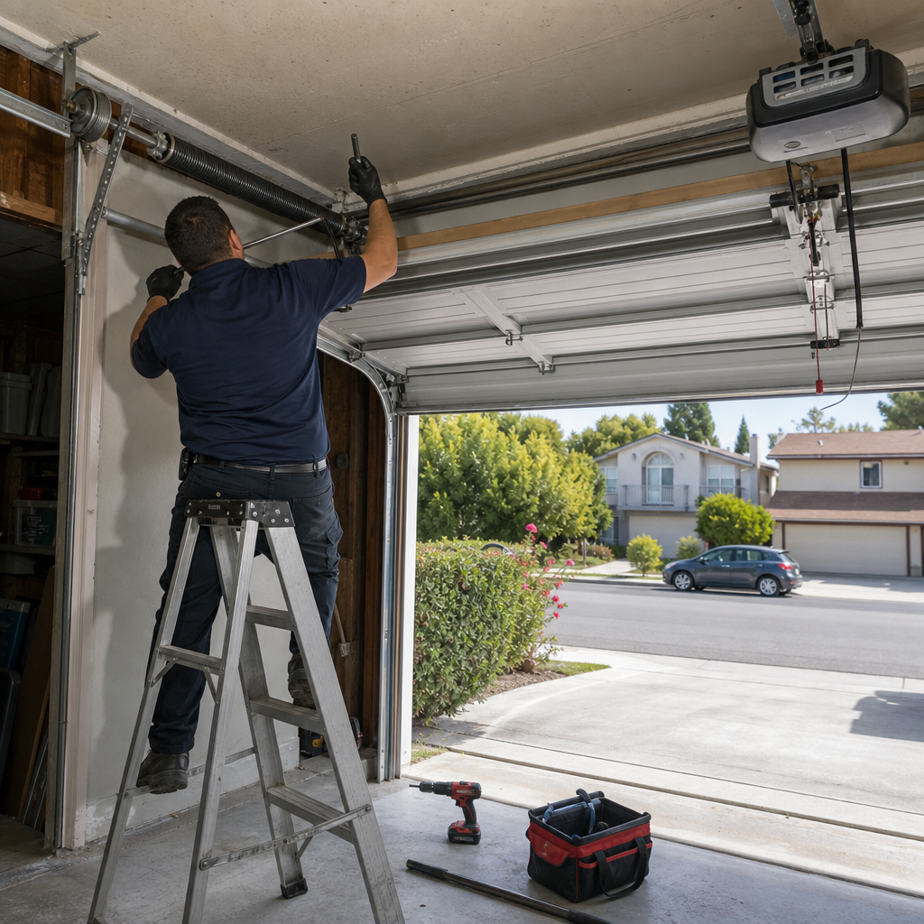 Technician performing professional garage door torsion spring repair on a ladder