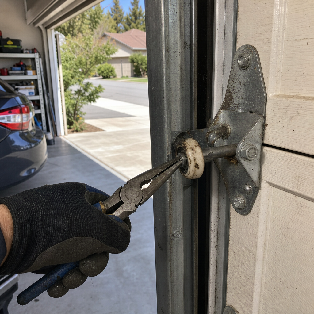 Technician performing professional garage door roller repair and maintenance