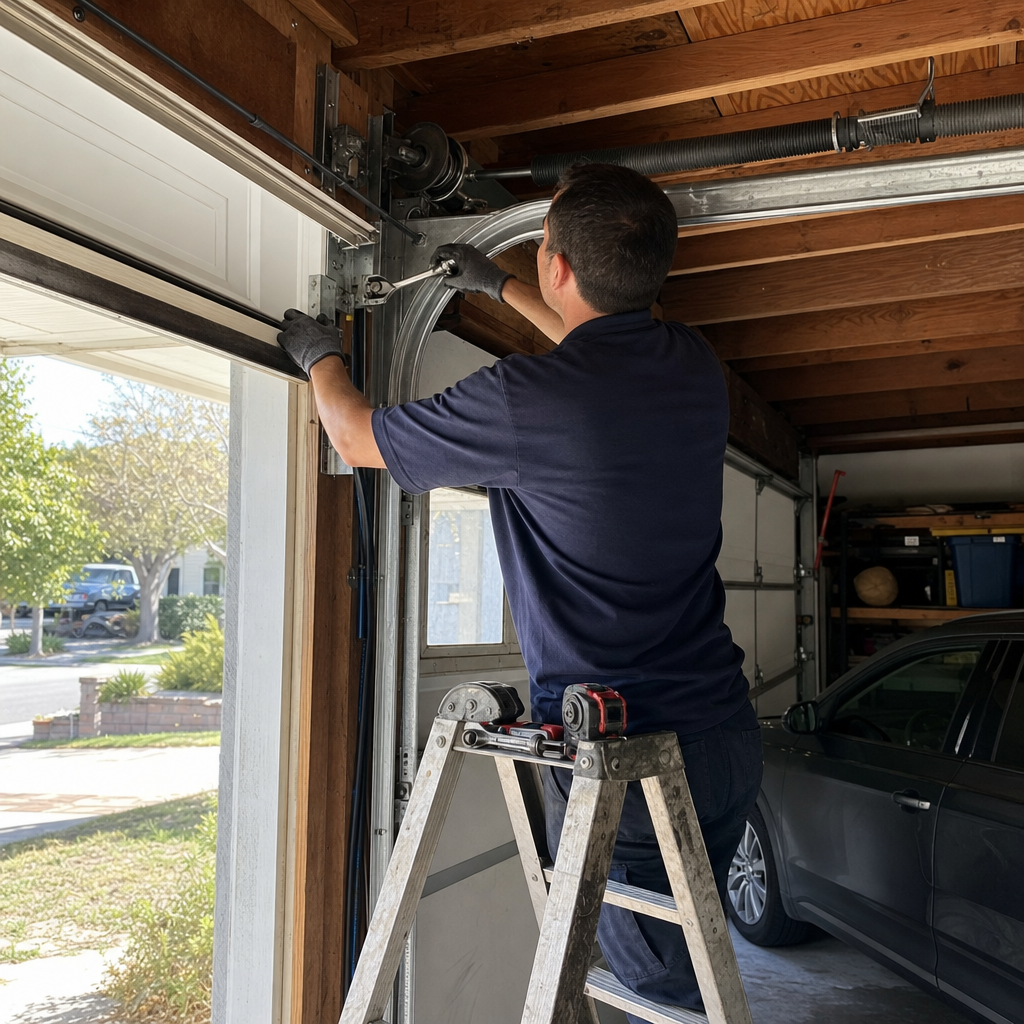 Technician performing emergency garage door repair on residential garage door in San Jose, CA