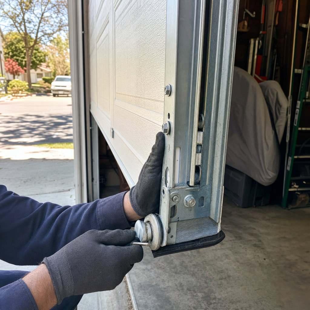 Technician performing emergency garage door repair and maintenance in Live Oak, CA