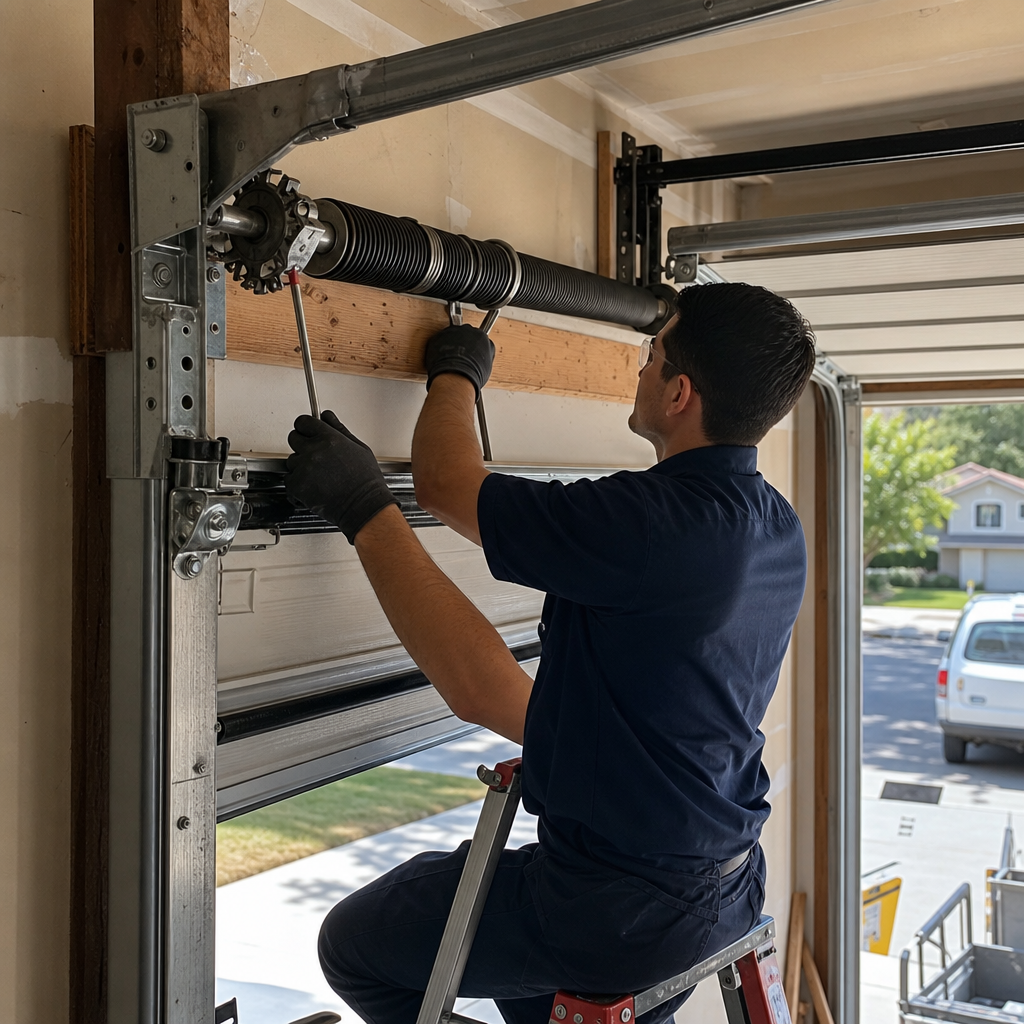 Technician performing professional garage door spring repair and maintenance in San Jose, CA