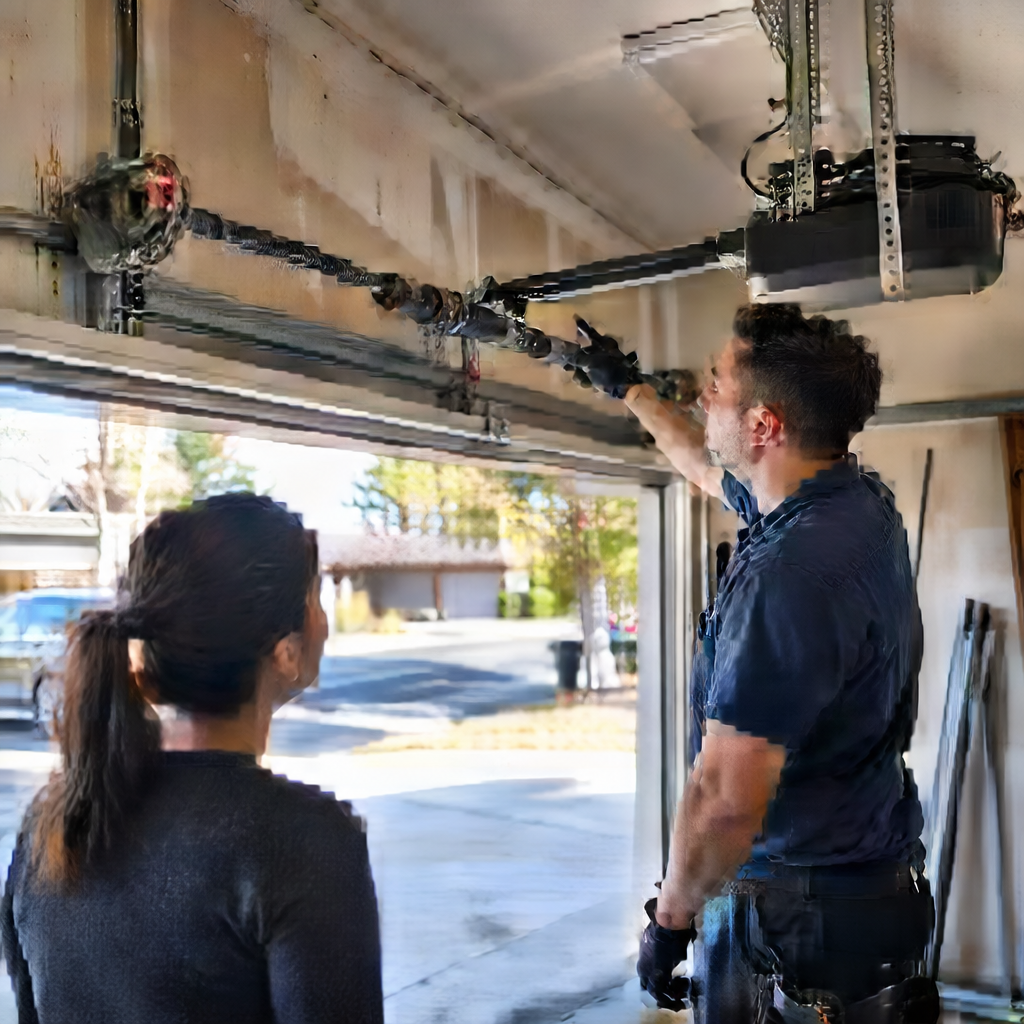 Technician explaining garage door opener repair to a customer in San Jose, CA