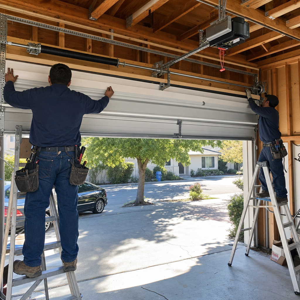 Two technicians installing a residential garage door