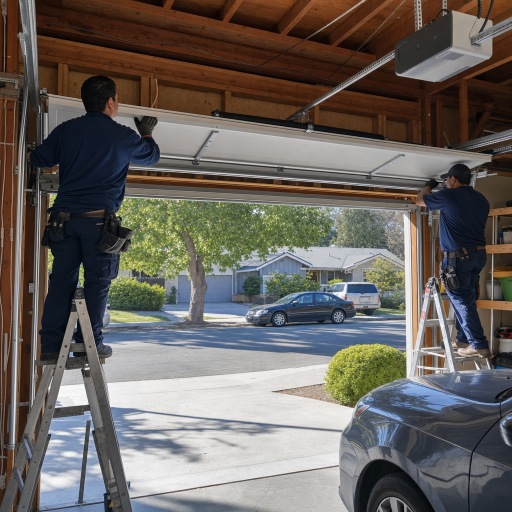 Two professional technicians installing a residential garage door