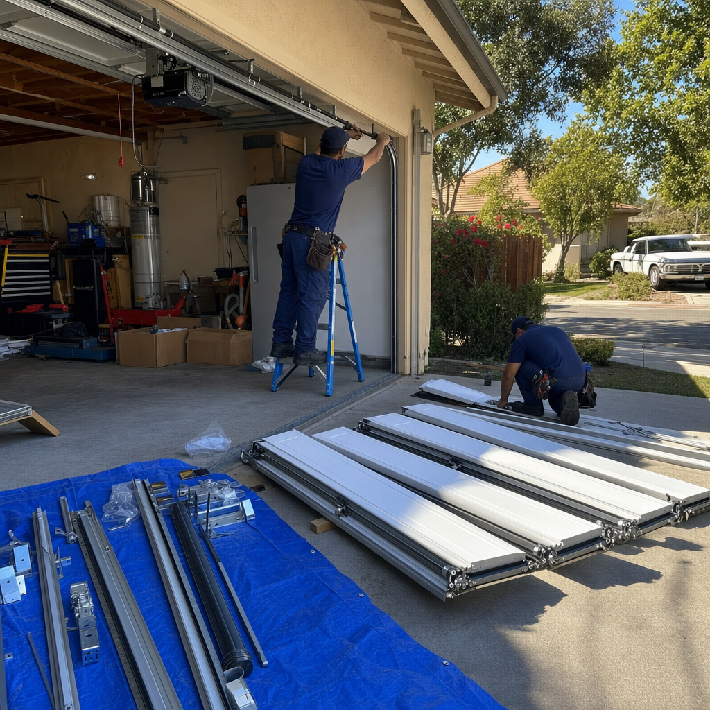 Two technicians installing a new garage door at a house