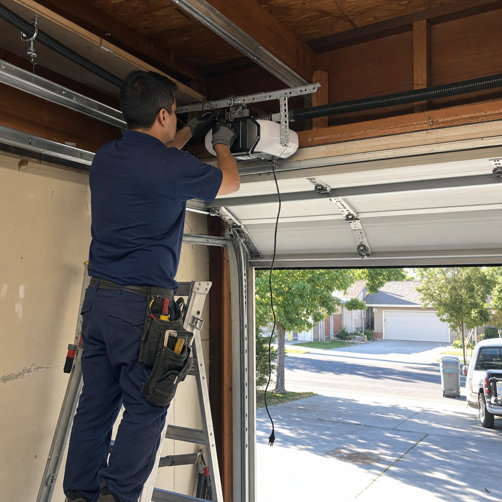 Technician installing a garage door opener motor on a ladder