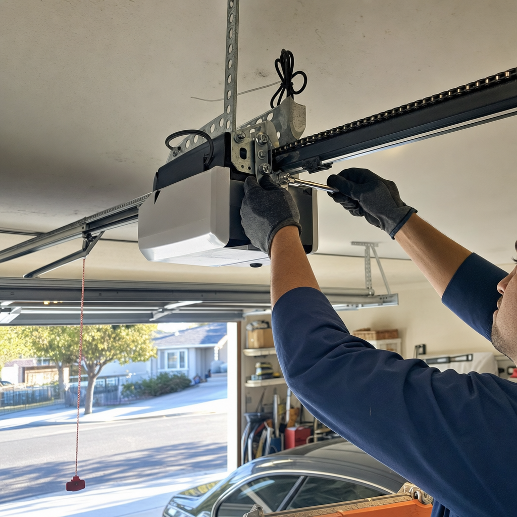 Technician performing garage door opener repair and maintenance