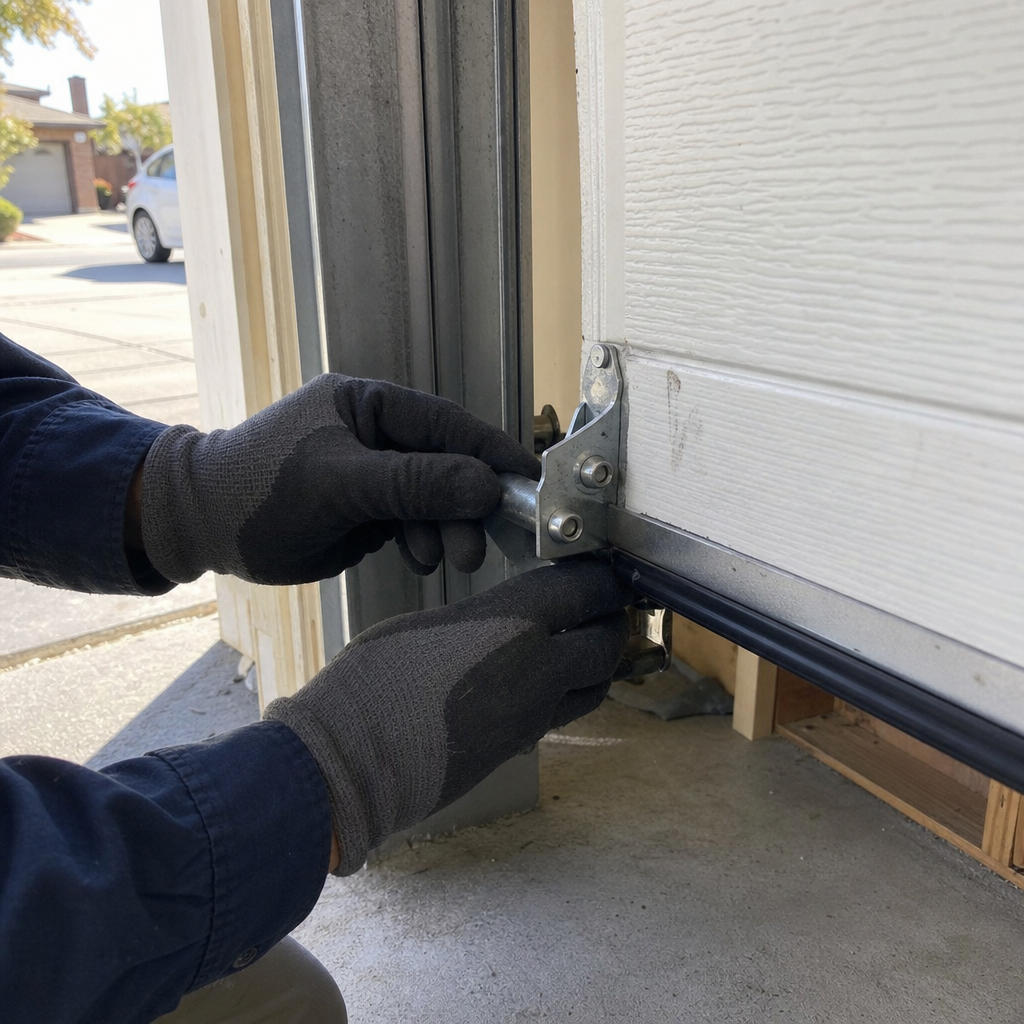Technician performing a professional garage door hinge and hardware repair in San Jose, CA