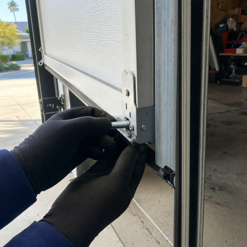 Technician replacing garage door roller in metal hinge bracket in San Jose, CA