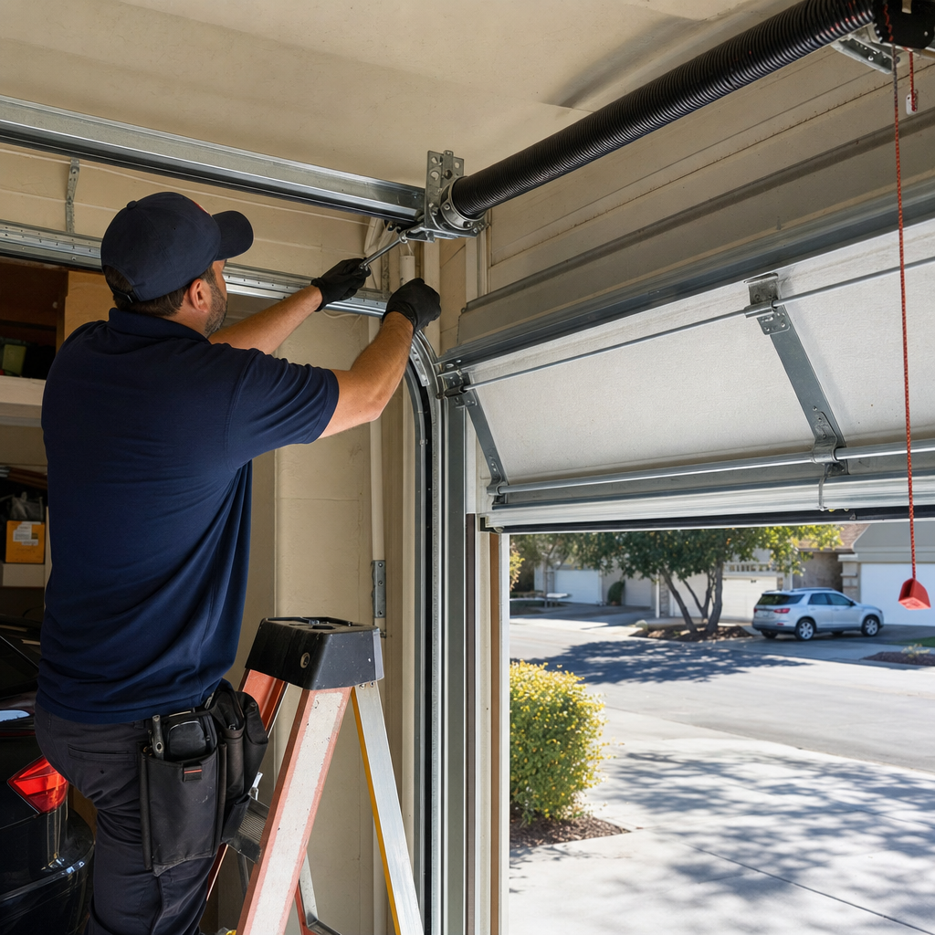 professional garage door technician performing repair work on a torsion spring in Pleasanton, CA