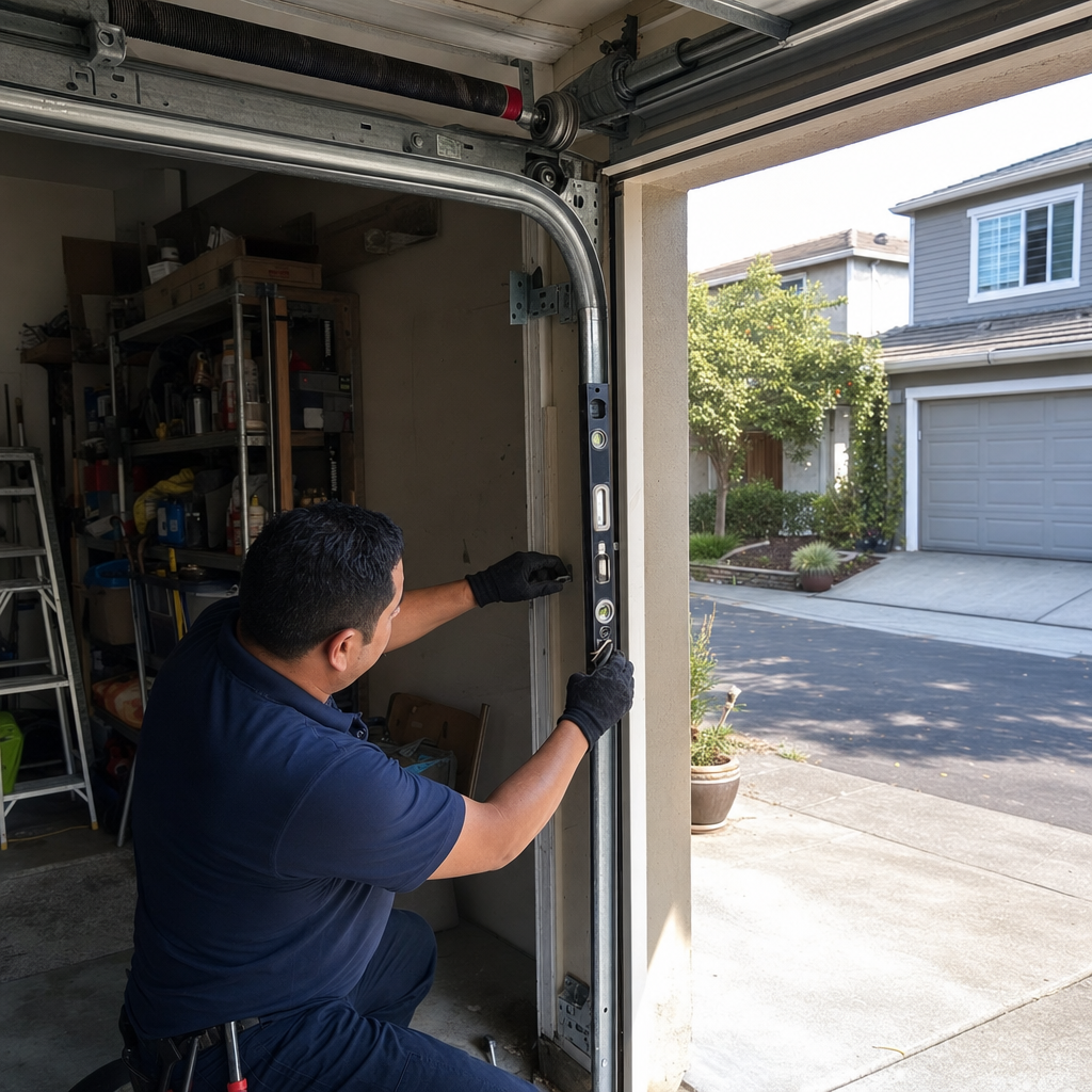 Technician using a level to install a residential garage door track