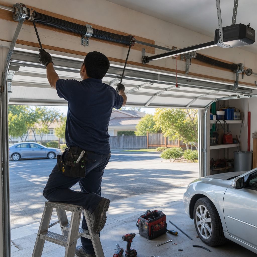 Professional technician performing residential garage door spring repair