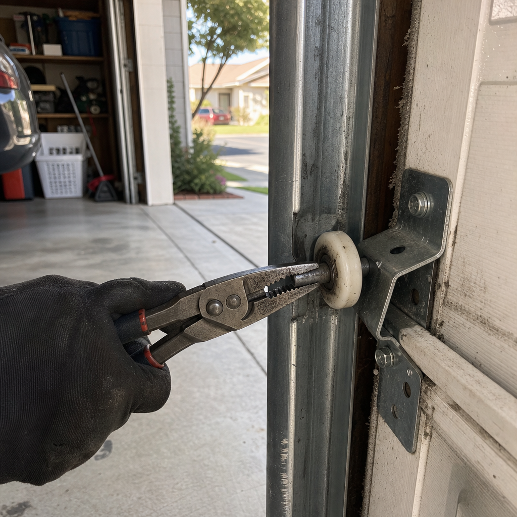 Technician performing garage door roller maintenance and repair